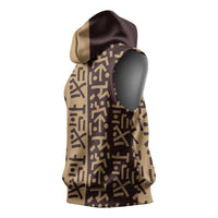 Tribe Script Sleeveless Hoodie with Bold Mudcloth Symbols and Brown Tan Split Design - Wonder Print Shop