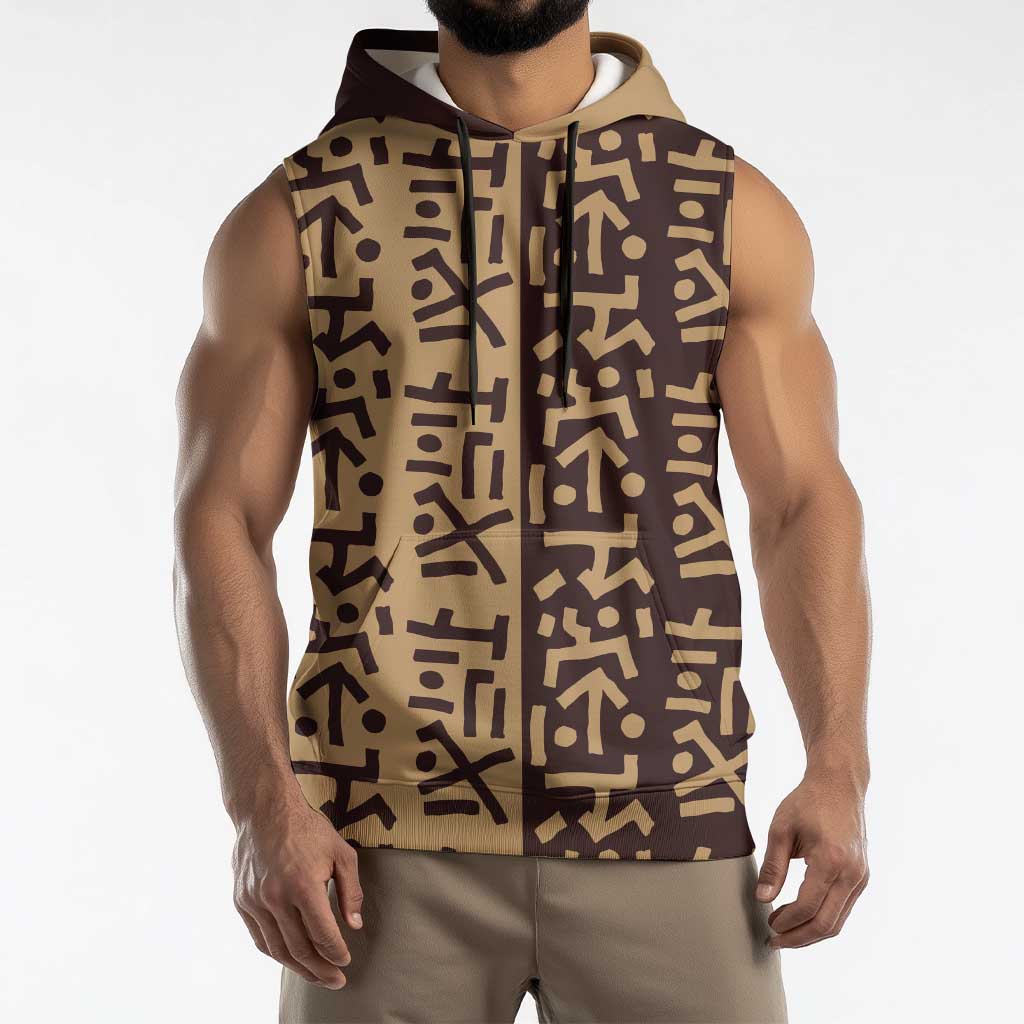 Tribe Script Sleeveless Hoodie with Bold Mudcloth Symbols and Brown Tan Split Design - Wonder Print Shop