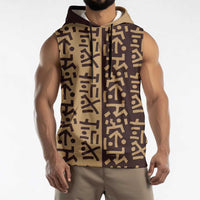 Tribe Script Sleeveless Hoodie with Bold Mudcloth Symbols and Brown Tan Split Design - Wonder Print Shop