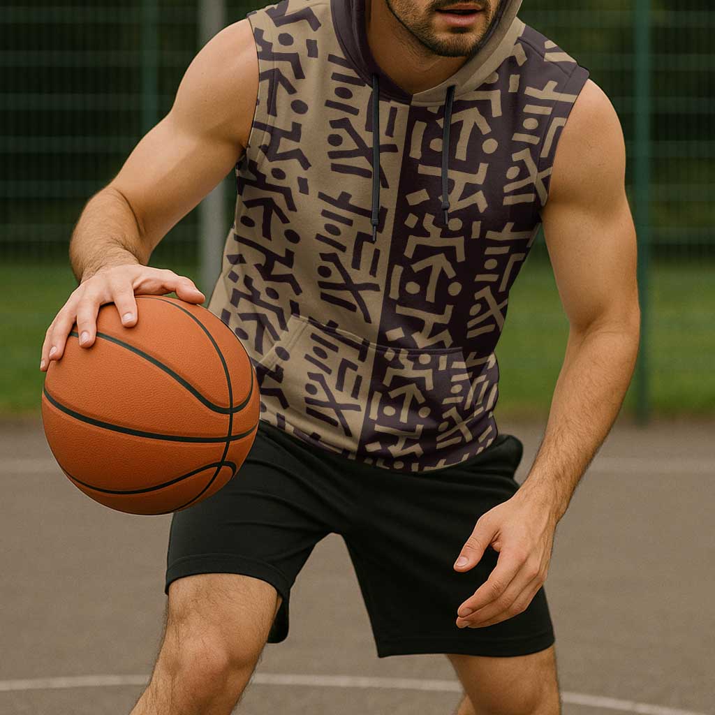 Tribe Script Sleeveless Hoodie with Bold Mudcloth Symbols and Brown Tan Split Design - Wonder Print Shop
