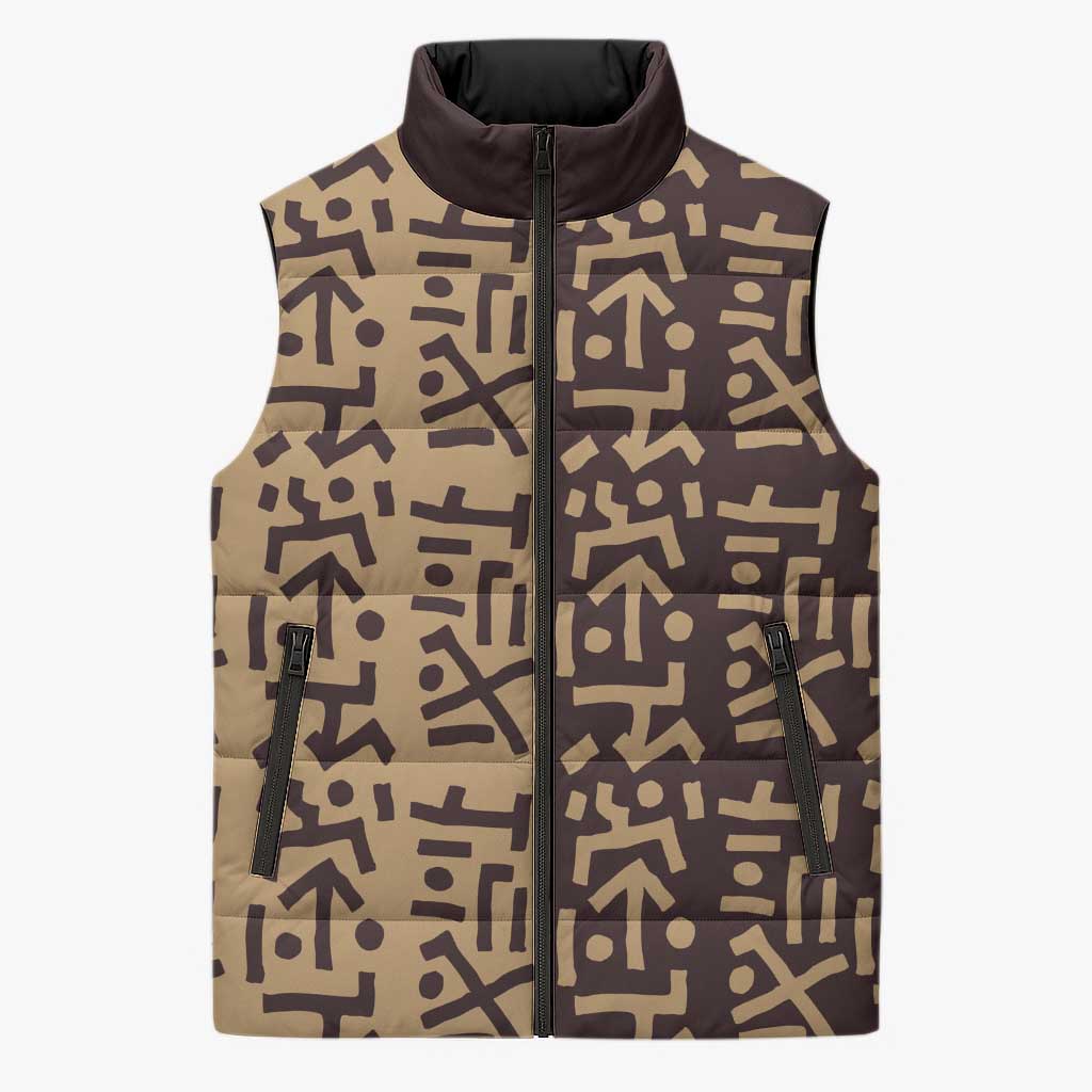 Tribe Script Sleeveless Puffer Jacket with Bold Mudcloth Symbols and Brown Tan Split Design - Wonder Print Shop