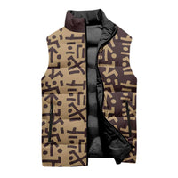 Tribe Script Sleeveless Puffer Jacket with Bold Mudcloth Symbols and Brown Tan Split Design - Wonder Print Shop