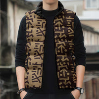 Tribe Script Sleeveless Puffer Jacket with Bold Mudcloth Symbols and Brown Tan Split Design - Wonder Print Shop