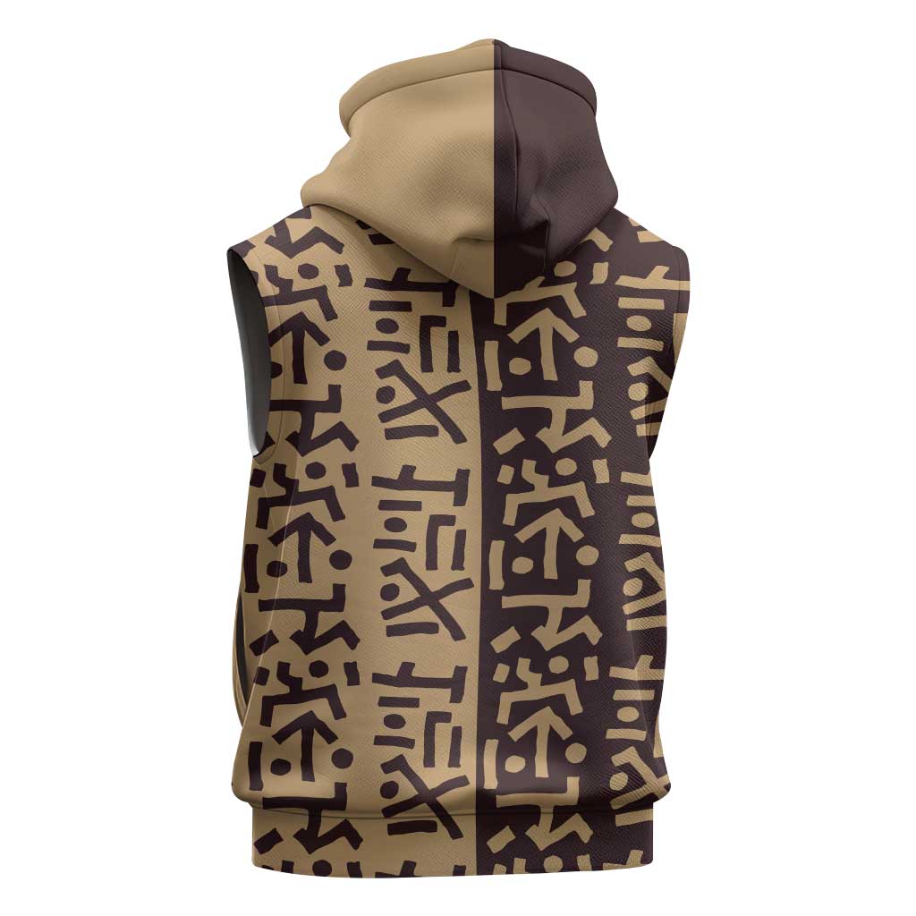 Tribe Script Sleeveless Zip Hoodie with Bold Mudcloth Symbols and Brown Tan Split Design - Wonder Print Shop