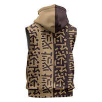 Tribe Script Sleeveless Zip Hoodie with Bold Mudcloth Symbols and Brown Tan Split Design - Wonder Print Shop