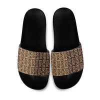 Tribe Script Slide Sandals with Bold Mudcloth Symbols and Brown Tan Split Design - Wonder Print Shop