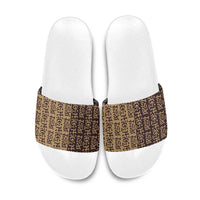 Tribe Script Slide Sandals with Bold Mudcloth Symbols and Brown Tan Split Design - Wonder Print Shop