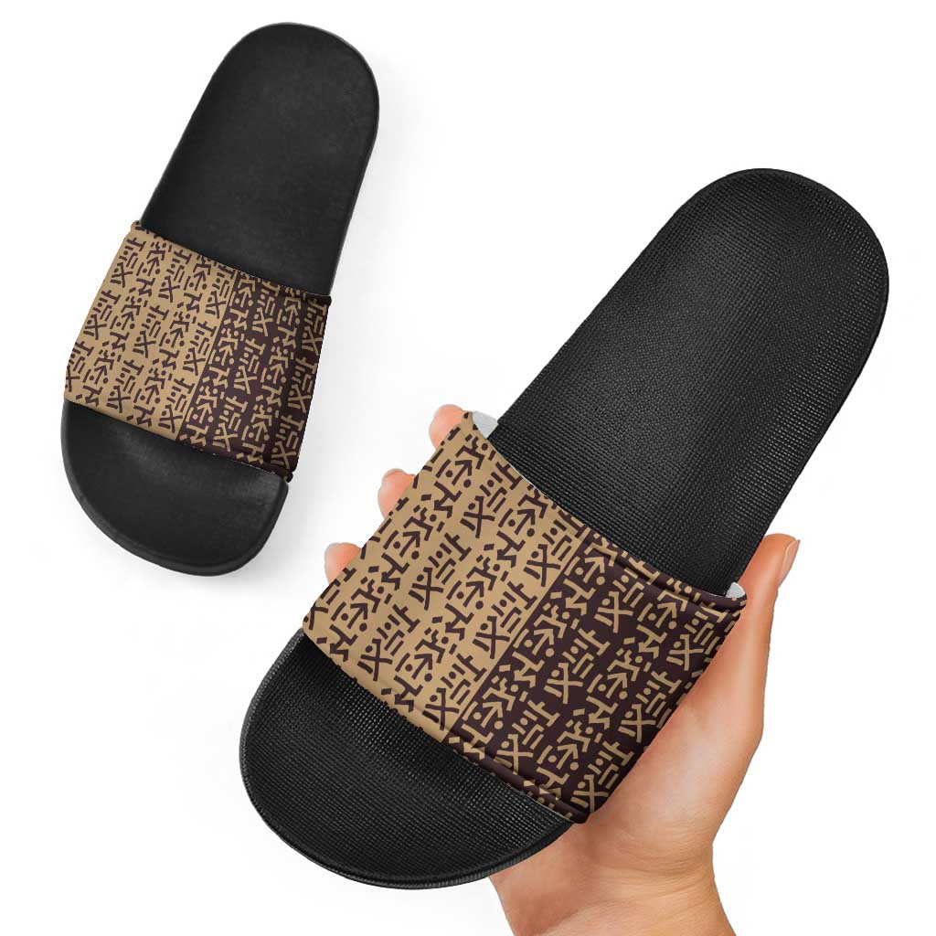 Tribe Script Slide Sandals with Bold Mudcloth Symbols and Brown Tan Split Design - Wonder Print Shop