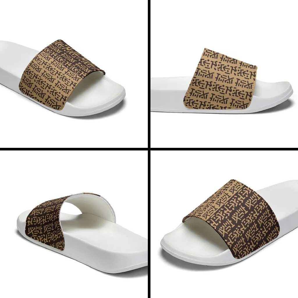 Tribe Script Slide Sandals with Bold Mudcloth Symbols and Brown Tan Split Design - Wonder Print Shop