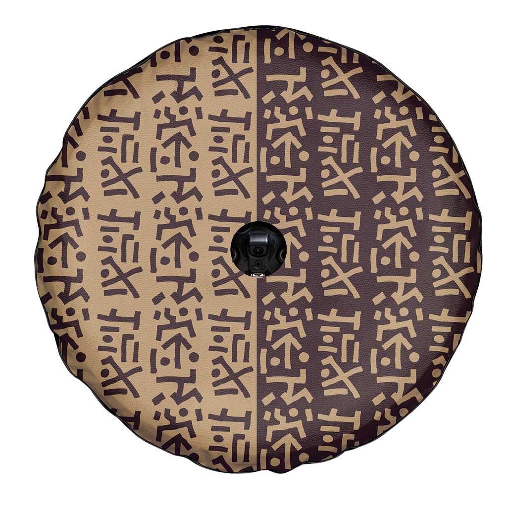 Tribe Script Spare Tire Cover with Bold Mudcloth Symbols and Brown Tan Split Design - Wonder Print Shop