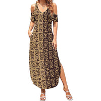 Tribe Script Summer Maxi Dress with Bold Mudcloth Symbols and Brown Tan Split Design - Wonder Print Shop
