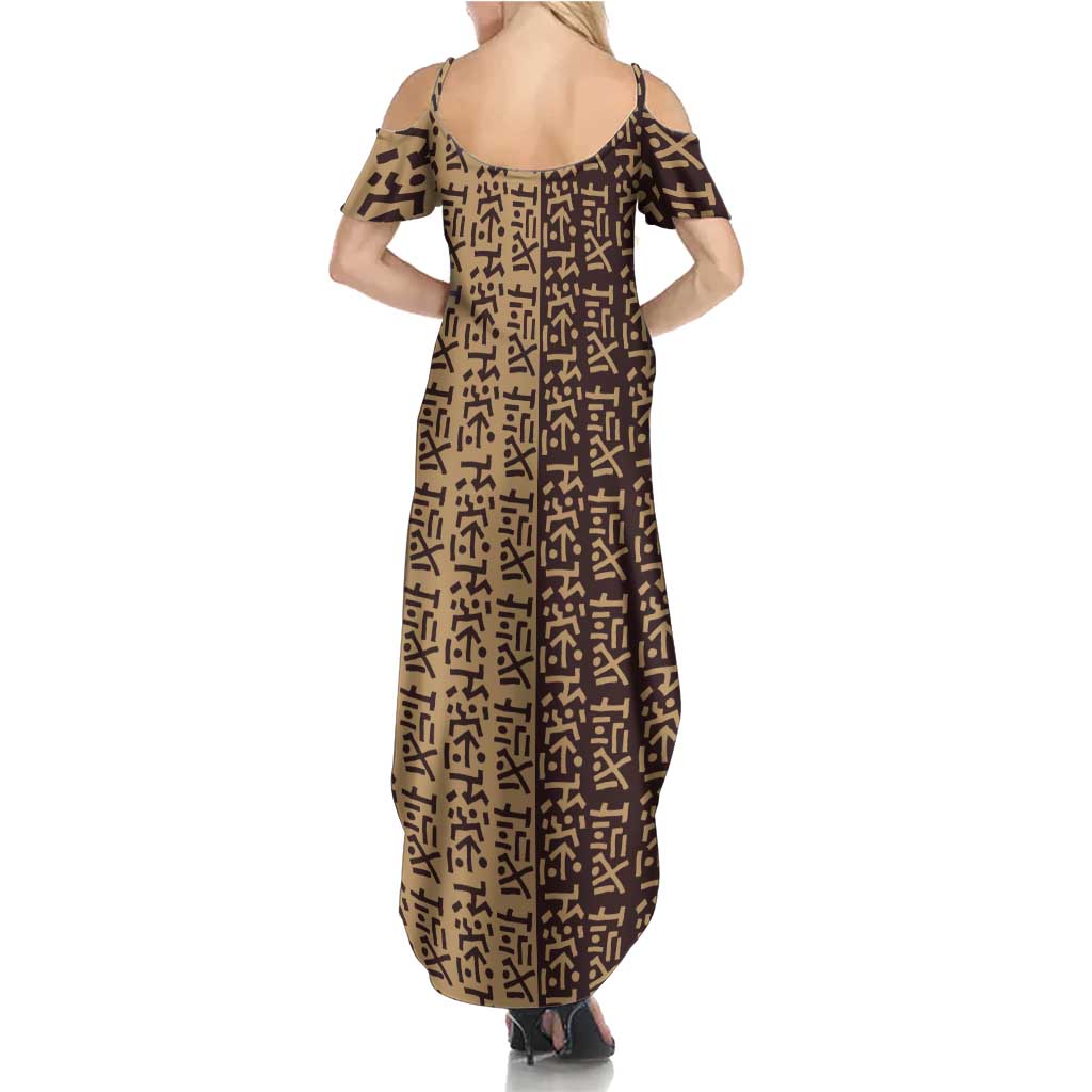 Tribe Script Summer Maxi Dress with Bold Mudcloth Symbols and Brown Tan Split Design - Wonder Print Shop