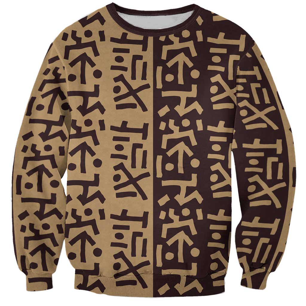 Tribe Script Sweatshirt with Bold Mudcloth Symbols and Brown Tan Split Design - Wonder Print Shop