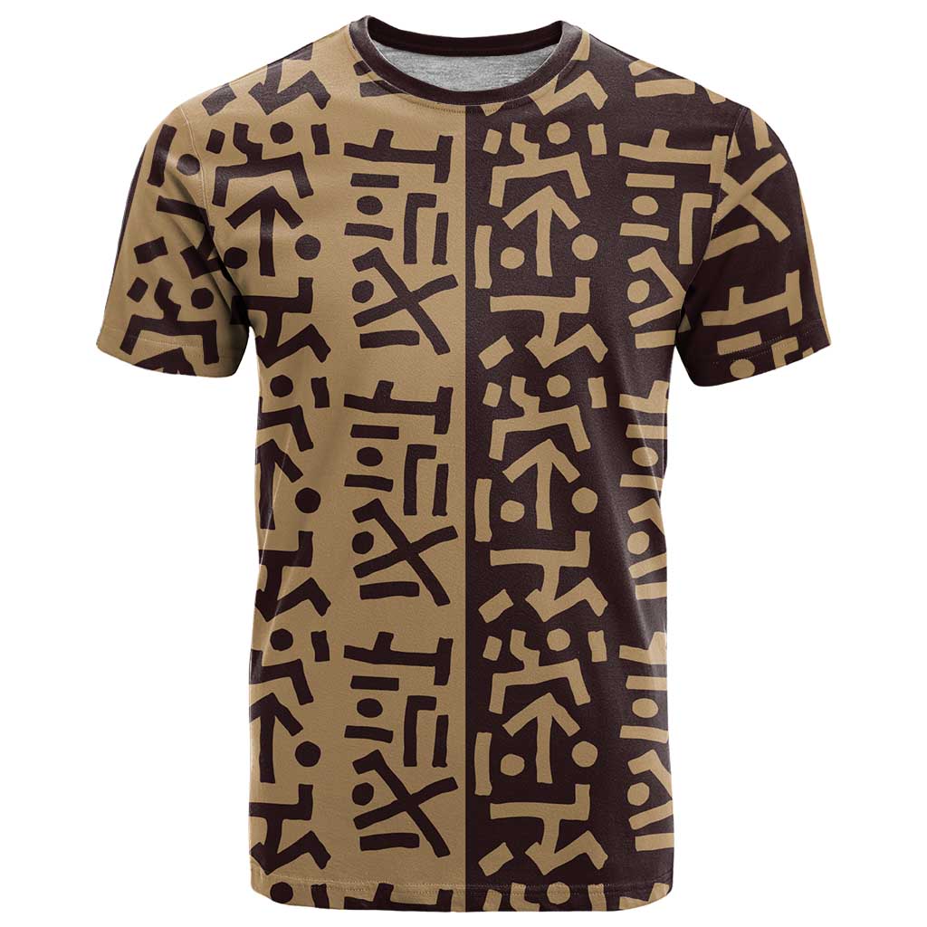 Tribe Script T Shirt with Bold Mudcloth Symbols and Brown Tan Split Design - Wonder Print Shop