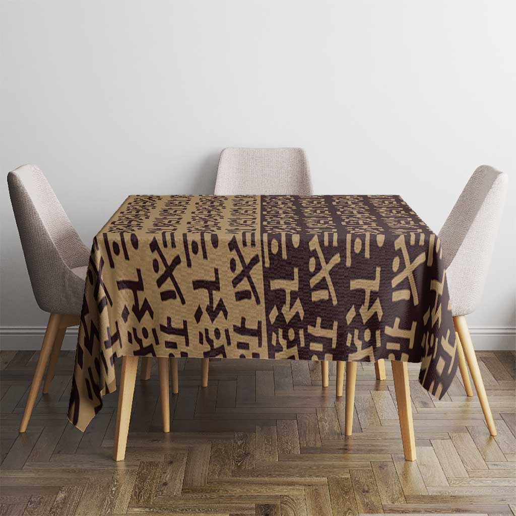 Tribe Script Tablecloth with Bold Mudcloth Symbols and Brown Tan Split Design - Wonder Print Shop