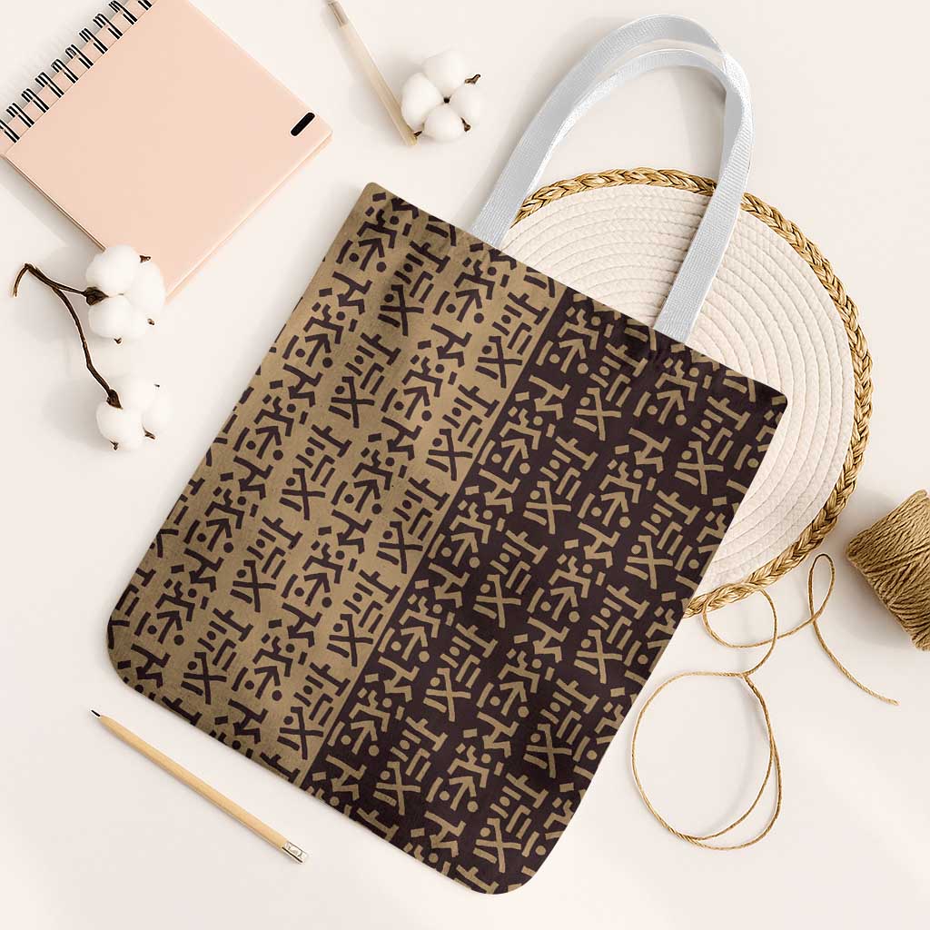 Tribe Script Tote Bag with Bold Mudcloth Symbols and Brown Tan Split Design - Wonder Print Shop