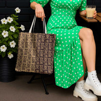 Tribe Script Tote Bag with Bold Mudcloth Symbols and Brown Tan Split Design - Wonder Print Shop