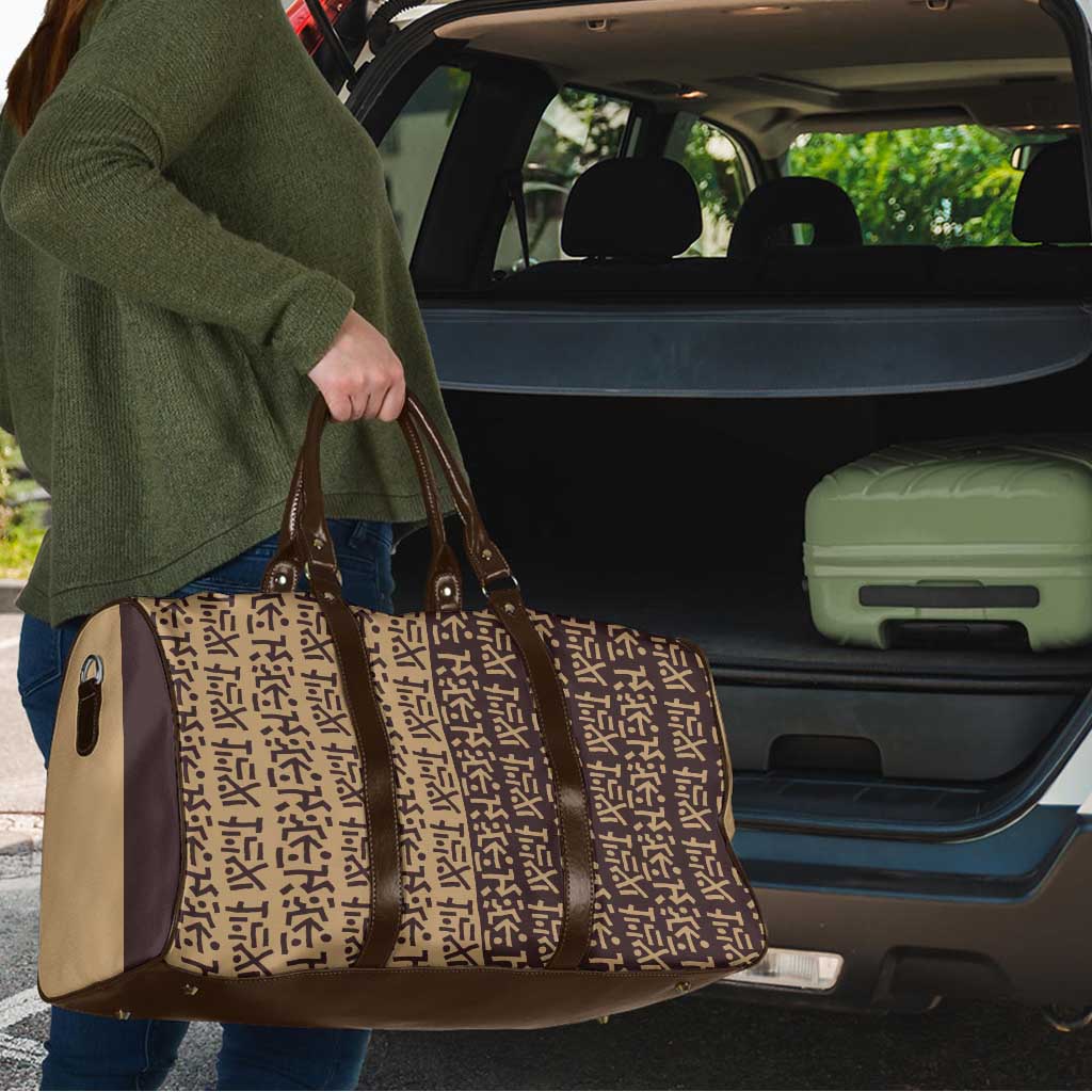 Tribe Script Travel Bag with Bold Mudcloth Symbols and Brown Tan Split Design - Wonder Print Shop
