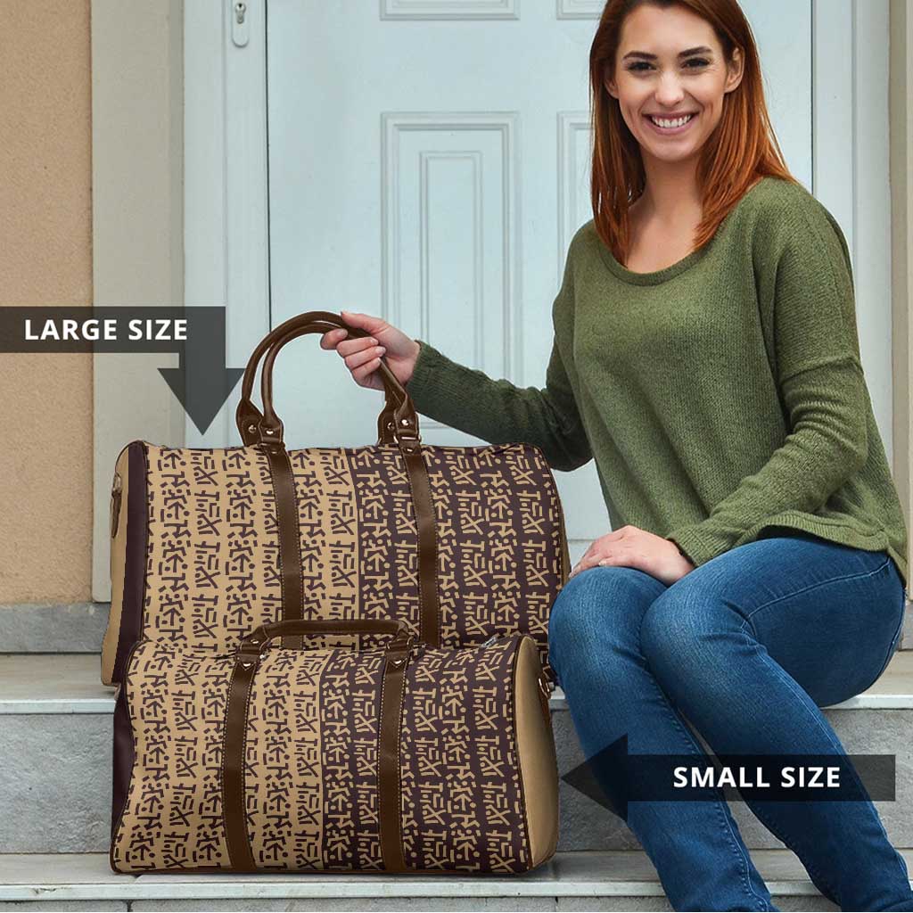 Tribe Script Travel Bag with Bold Mudcloth Symbols and Brown Tan Split Design - Wonder Print Shop
