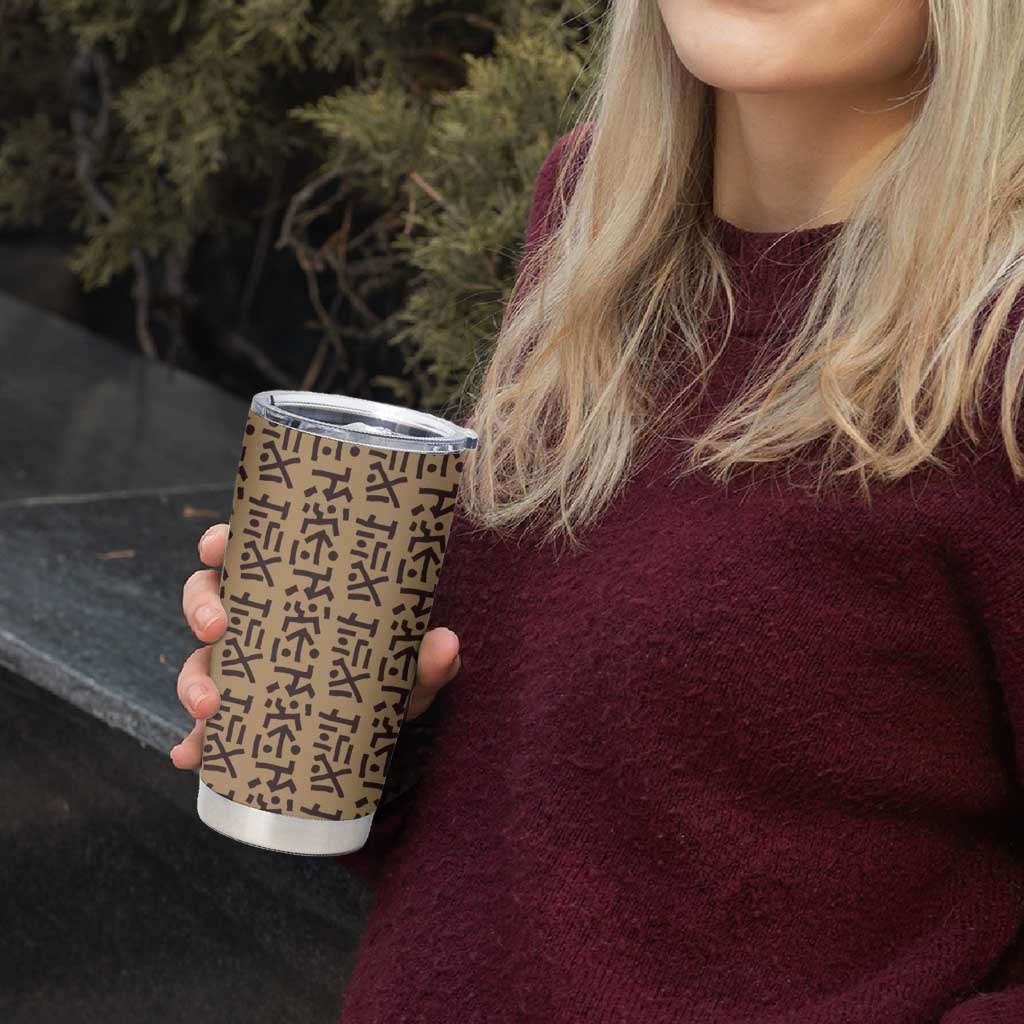Tribe Script Tumbler Cup with Bold Mudcloth Symbols and Brown Tan Split Design - Wonder Print Shop