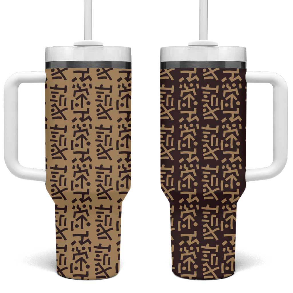Tribe Script Tumbler With Handle with Bold Mudcloth Symbols and Brown Tan Split Design - Wonder Print Shop
