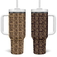 Tribe Script Tumbler With Handle with Bold Mudcloth Symbols and Brown Tan Split Design - Wonder Print Shop
