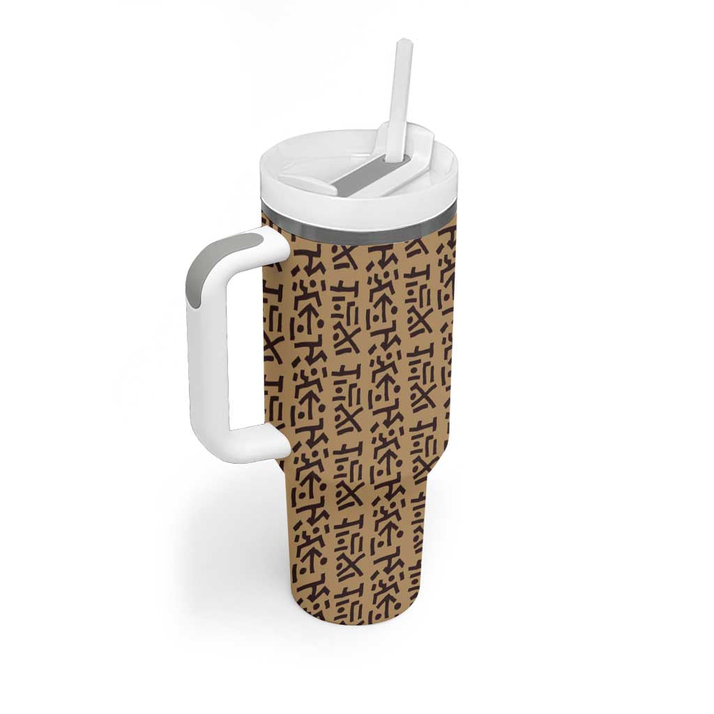 Tribe Script Tumbler With Handle with Bold Mudcloth Symbols and Brown Tan Split Design - Wonder Print Shop