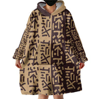 Tribe Script Wearable Blanket Hoodie with Bold Mudcloth Symbols and Brown Tan Split Design - Wonder Print Shop