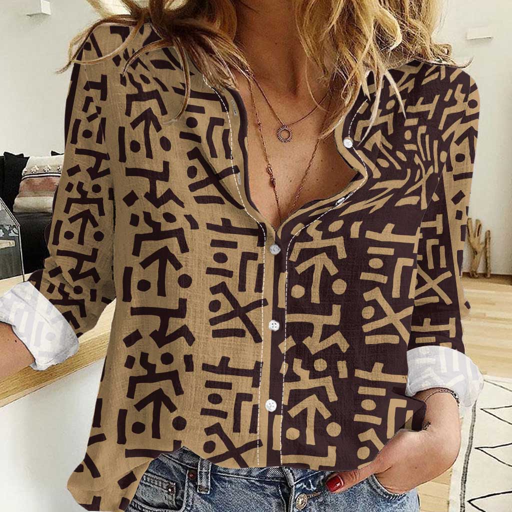 Tribe Script Women Casual Shirt with Bold Mudcloth Symbols and Brown Tan Split Design - Wonder Print Shop