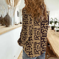 Tribe Script Women Casual Shirt with Bold Mudcloth Symbols and Brown Tan Split Design - Wonder Print Shop