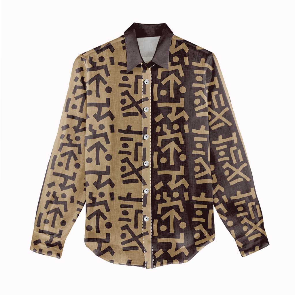 Tribe Script Women Casual Shirt with Bold Mudcloth Symbols and Brown Tan Split Design - Wonder Print Shop