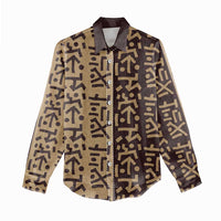 Tribe Script Women Casual Shirt with Bold Mudcloth Symbols and Brown Tan Split Design - Wonder Print Shop