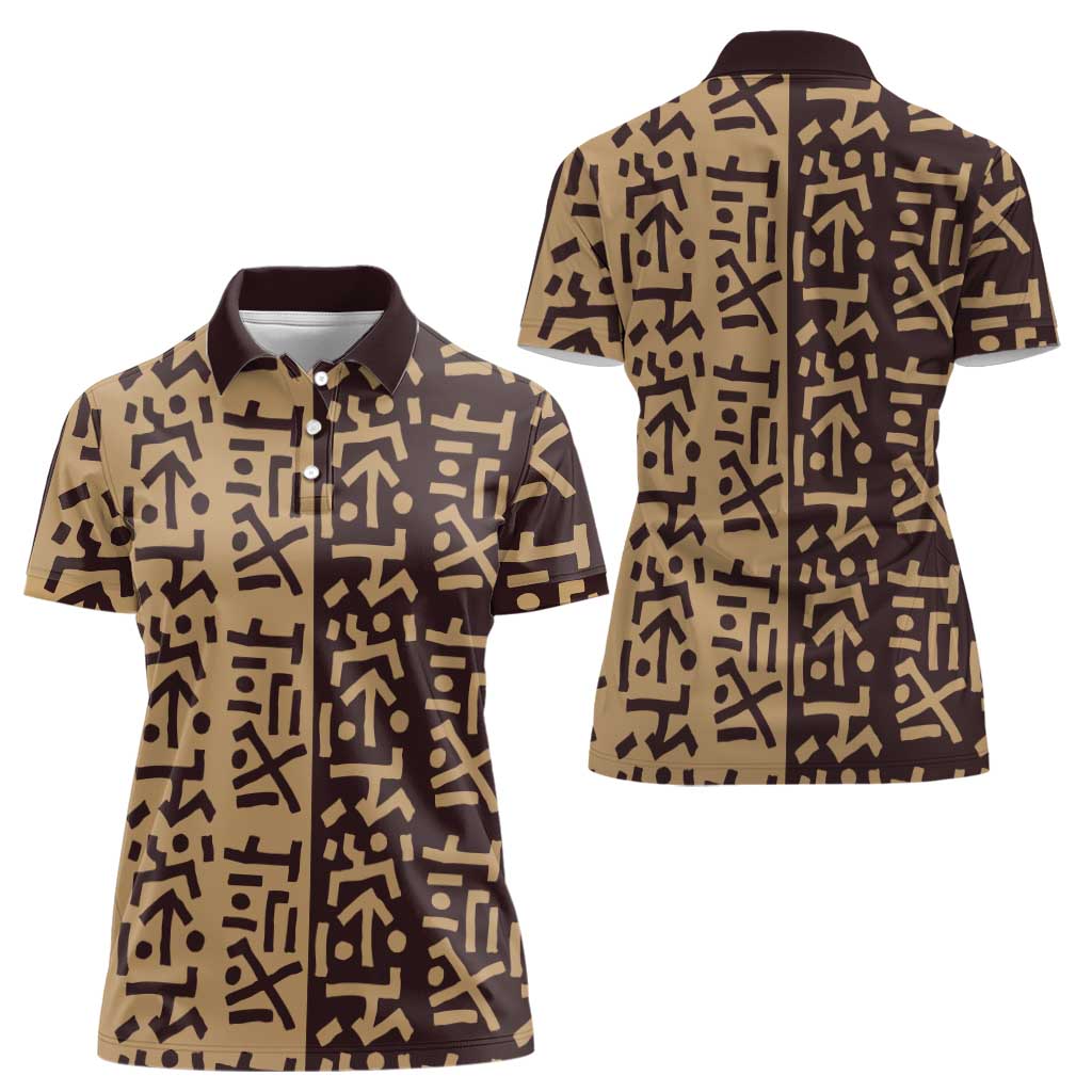 Tribe Script Women Polo Shirt with Bold Mudcloth Symbols and Brown Tan Split Design - Wonder Print Shop