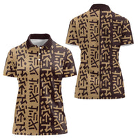 Tribe Script Women Polo Shirt with Bold Mudcloth Symbols and Brown Tan Split Design - Wonder Print Shop