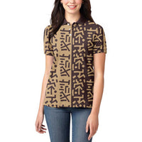 Tribe Script Women Polo Shirt with Bold Mudcloth Symbols and Brown Tan Split Design - Wonder Print Shop
