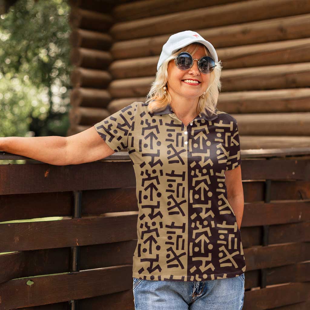 Tribe Script Women Polo Shirt with Bold Mudcloth Symbols and Brown Tan Split Design - Wonder Print Shop