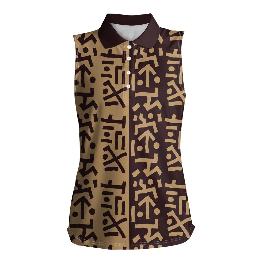 Tribe Script Women Sleeveless Polo Shirt with Bold Mudcloth Symbols and Brown Tan Split Design - Wonder Print Shop