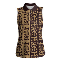 Tribe Script Women Sleeveless Polo Shirt with Bold Mudcloth Symbols and Brown Tan Split Design - Wonder Print Shop