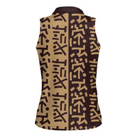 Tribe Script Women Sleeveless Polo Shirt with Bold Mudcloth Symbols and Brown Tan Split Design - Wonder Print Shop