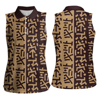 Tribe Script Women Sleeveless Polo Shirt with Bold Mudcloth Symbols and Brown Tan Split Design - Wonder Print Shop