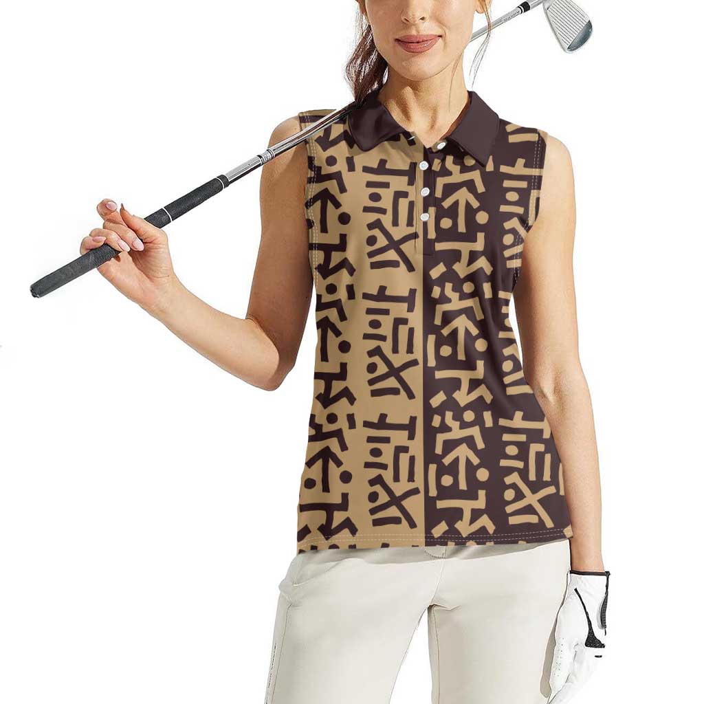 Tribe Script Women Sleeveless Polo Shirt with Bold Mudcloth Symbols and Brown Tan Split Design - Wonder Print Shop