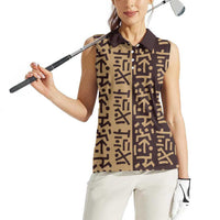 Tribe Script Women Sleeveless Polo Shirt with Bold Mudcloth Symbols and Brown Tan Split Design - Wonder Print Shop