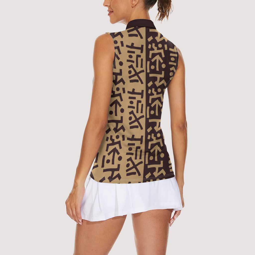 Tribe Script Women Sleeveless Polo Shirt with Bold Mudcloth Symbols and Brown Tan Split Design - Wonder Print Shop