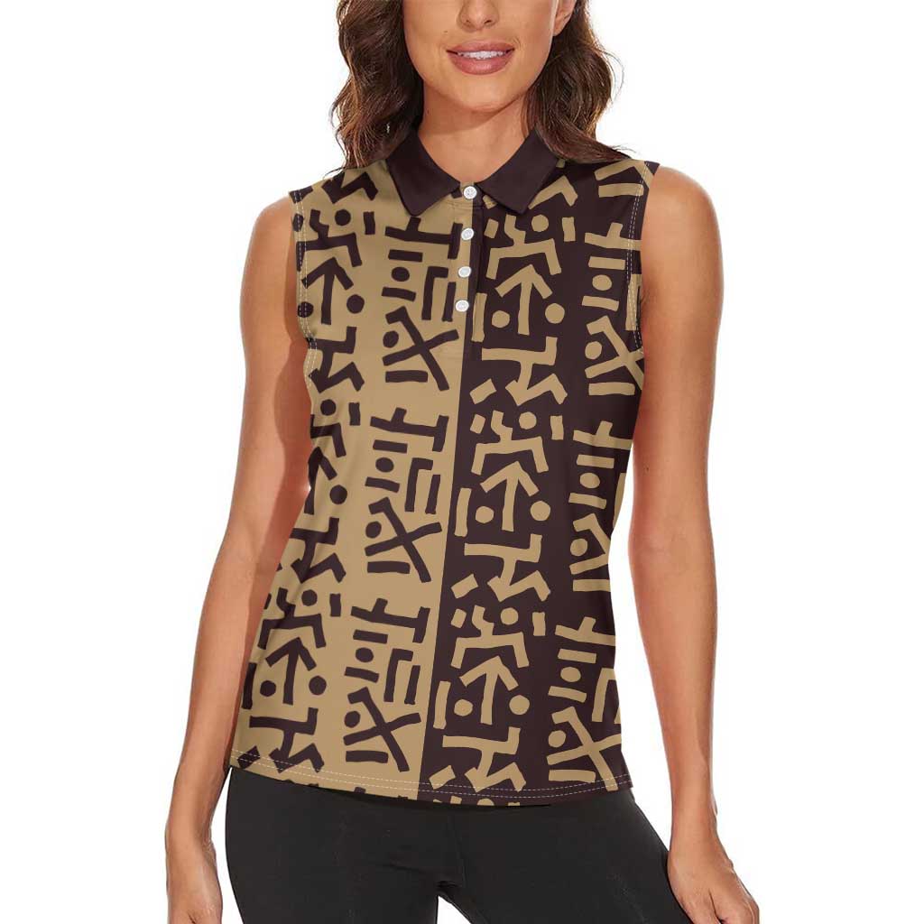 Tribe Script Women Sleeveless Polo Shirt with Bold Mudcloth Symbols and Brown Tan Split Design - Wonder Print Shop