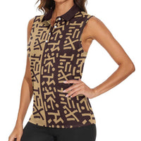 Tribe Script Women Sleeveless Polo Shirt with Bold Mudcloth Symbols and Brown Tan Split Design - Wonder Print Shop