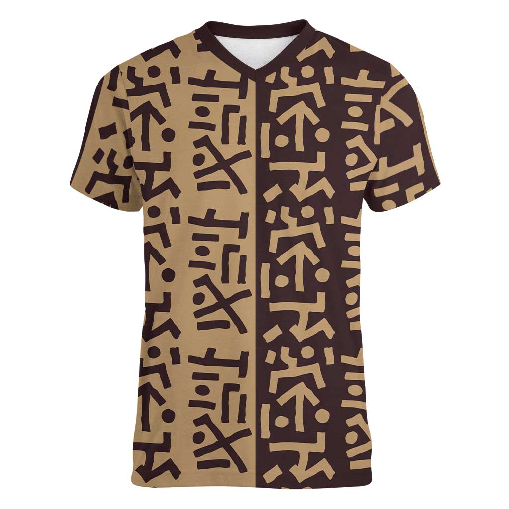 Tribe Script Women V-Neck T-Shirt with Bold Mudcloth Symbols and Brown Tan Split Design - Wonder Print Shop