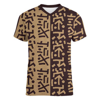 Tribe Script Women V-Neck T-Shirt with Bold Mudcloth Symbols and Brown Tan Split Design - Wonder Print Shop
