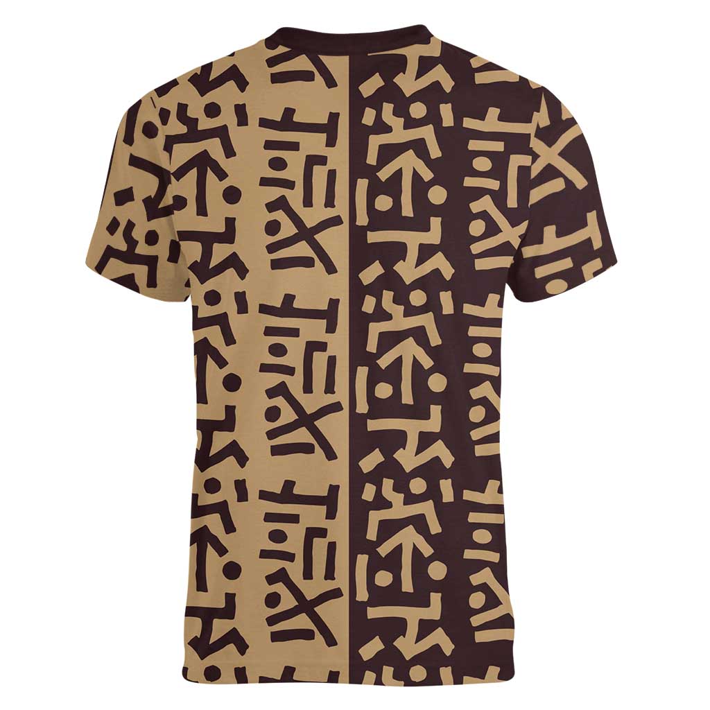 Tribe Script Women V-Neck T-Shirt with Bold Mudcloth Symbols and Brown Tan Split Design - Wonder Print Shop