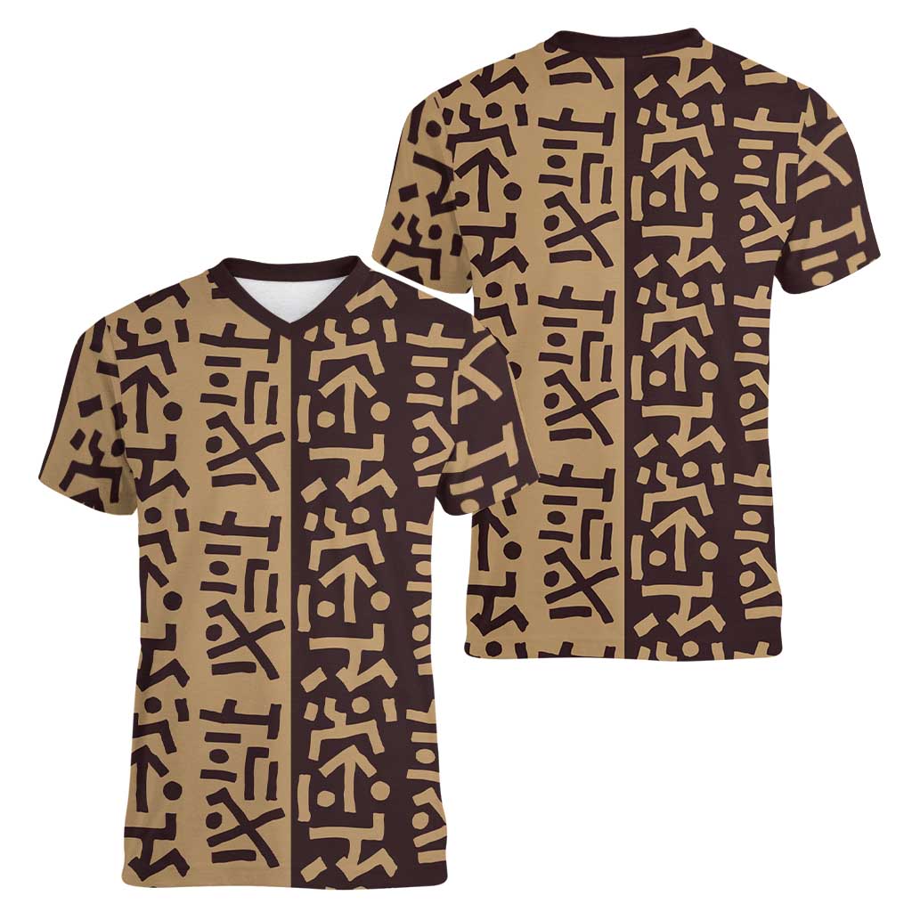 Tribe Script Women V-Neck T-Shirt with Bold Mudcloth Symbols and Brown Tan Split Design - Wonder Print Shop