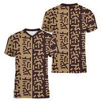 Tribe Script Women V-Neck T-Shirt with Bold Mudcloth Symbols and Brown Tan Split Design - Wonder Print Shop